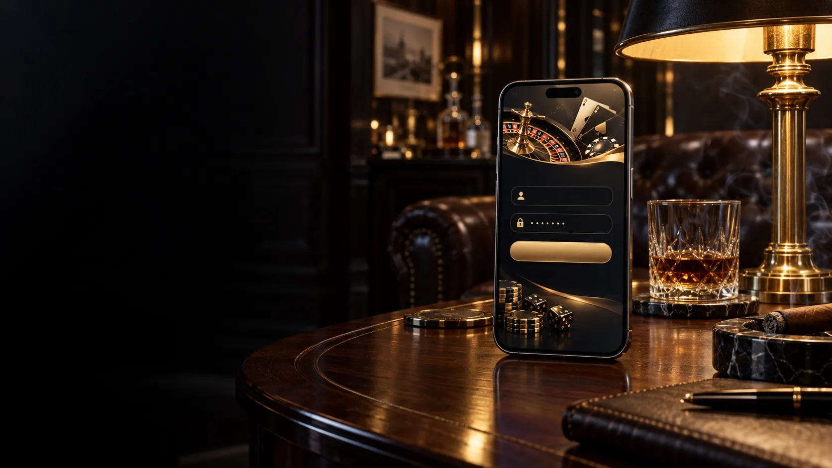 Smartphone showing a generic casino sign-in screen glowing on a dark wood table in a cigar lounge