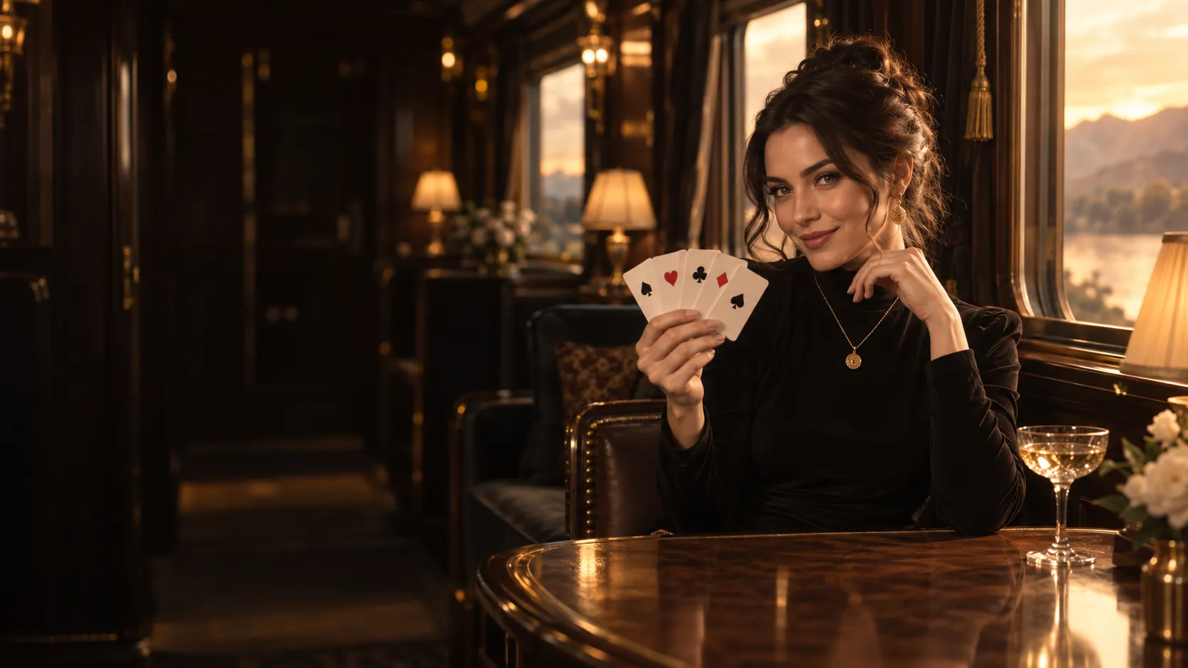 Elegant woman fanning playing cards at a card table in a luxury train lounge car