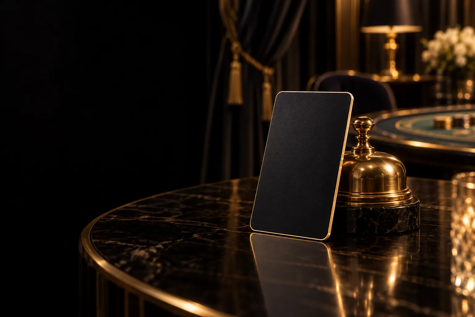 Gold-edged hotel key card leaning against a brass bell holder in a private casino VIP room