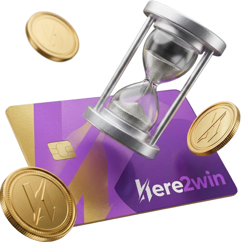 Silver hourglass resting on a purple bank card, representing the wait before a first withdrawal clears