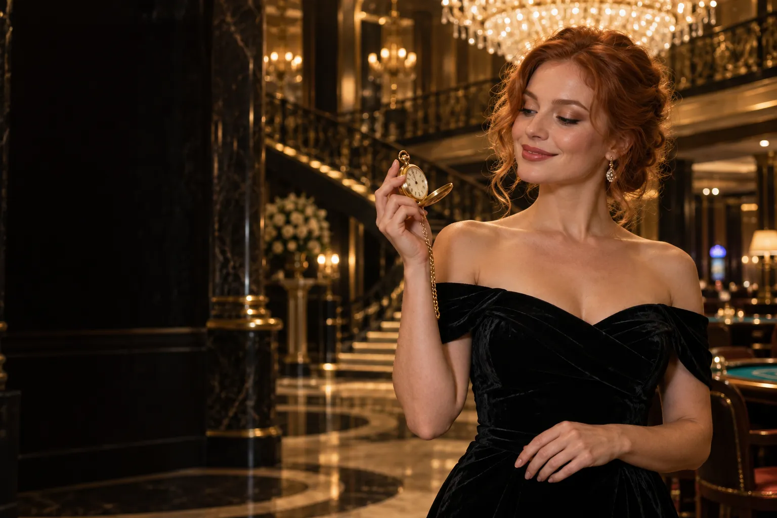 Woman in a velvet gown holding an open gold pocket watch in a crystal-lit casino atrium