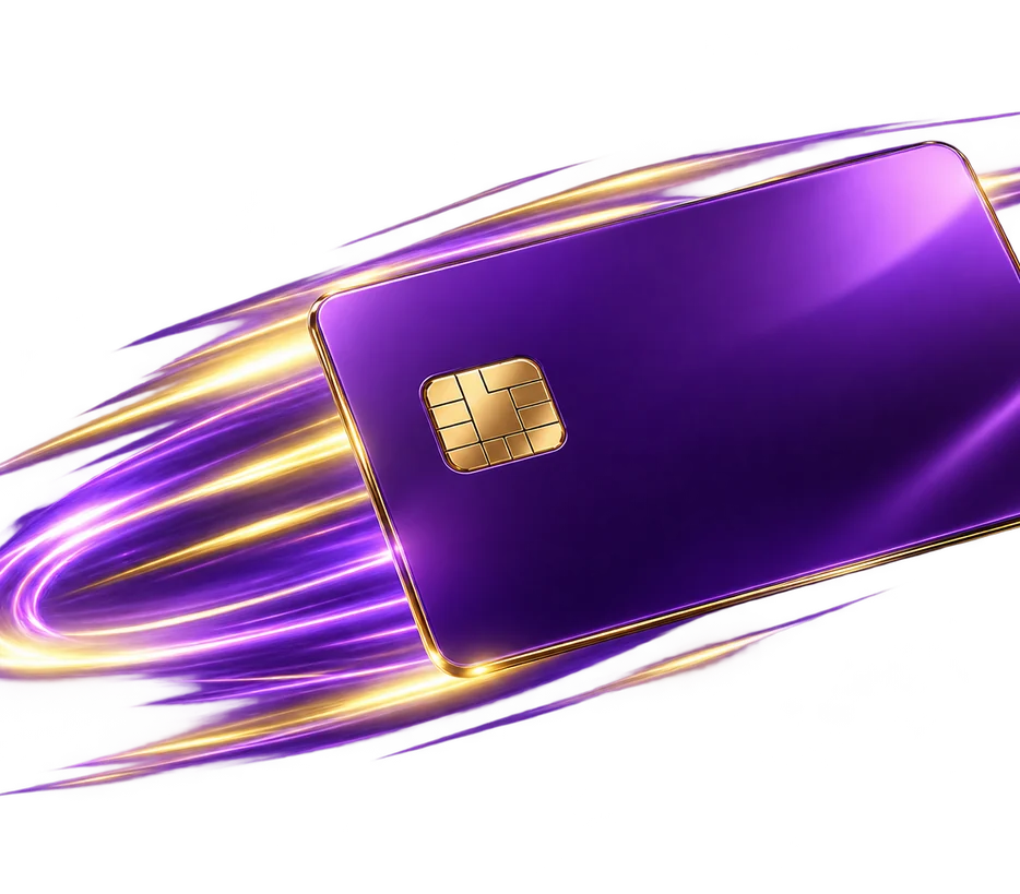 Stylised purple credit card mockup representing the payment details tied to a signed-in account