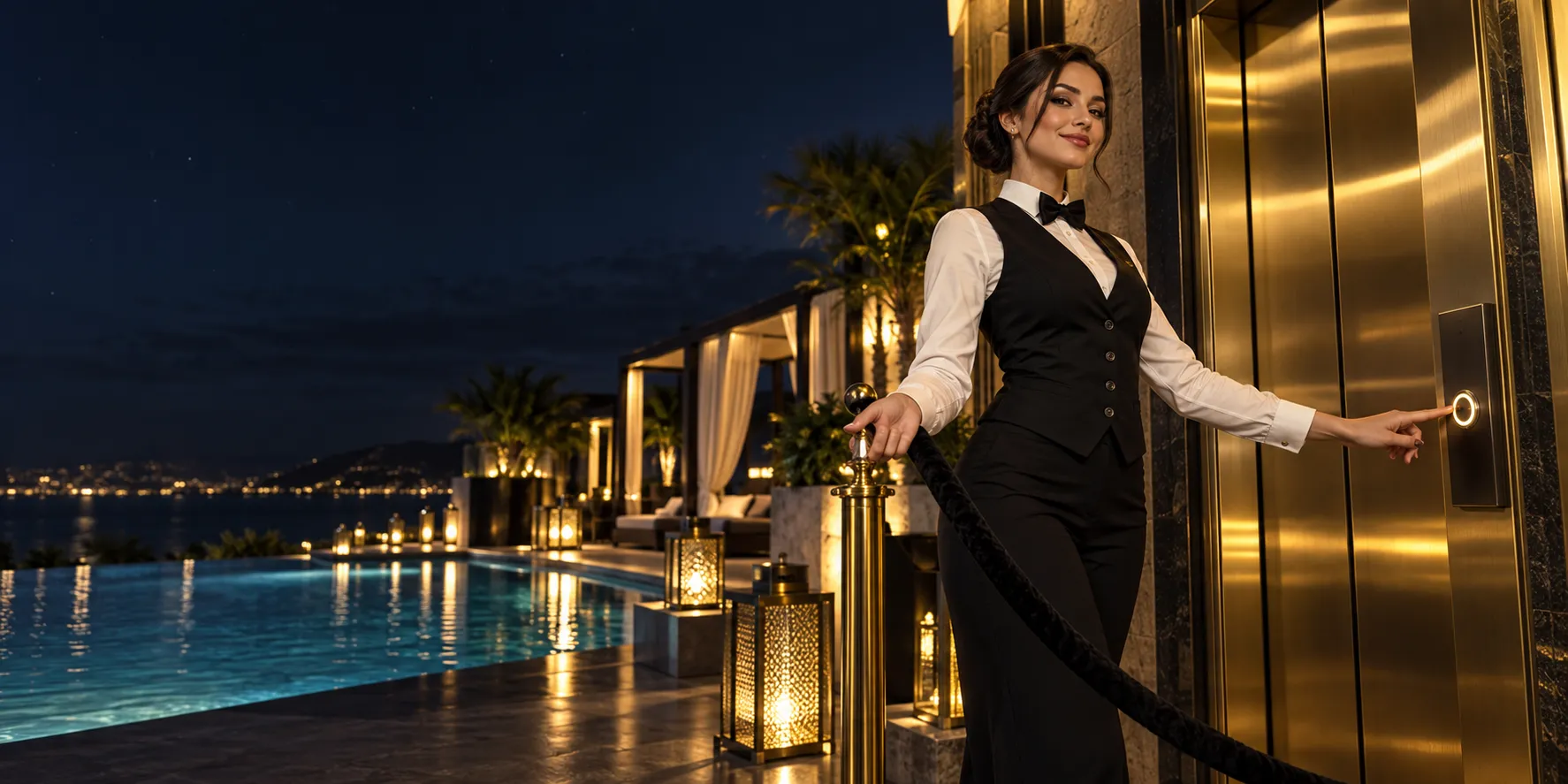 Croupier in a waistcoat holding a velvet rope open beside a private elevator at a resort