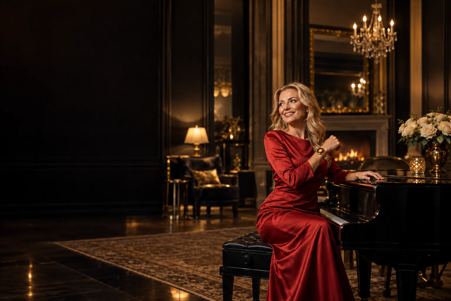 Woman checking a gold smartwatch beside a grand piano, a reminder of how quickly a Here2Win Casino mobile session can start