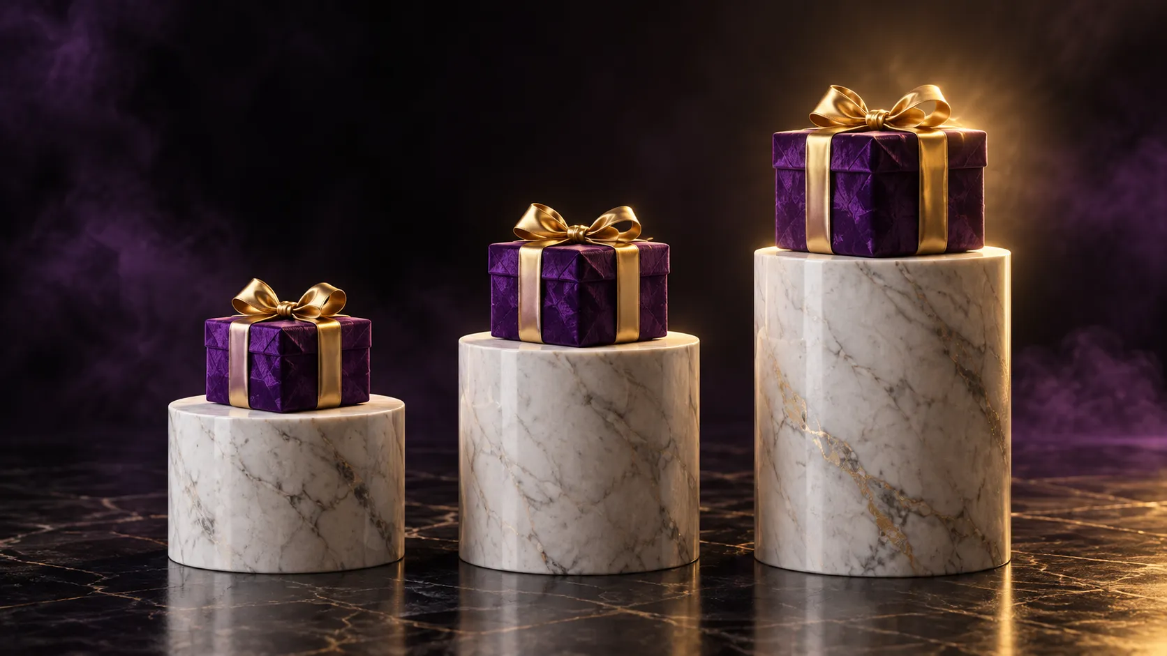 Three plinths representing the sign-up, deposit and free-spins steps for the Here2Win Casino bonus