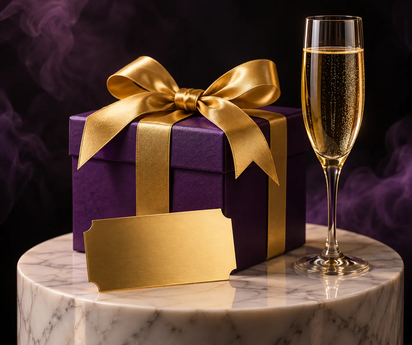 Gift box and ticket displayed on a pedestal, symbolizing a Here2Win Casino bonus step