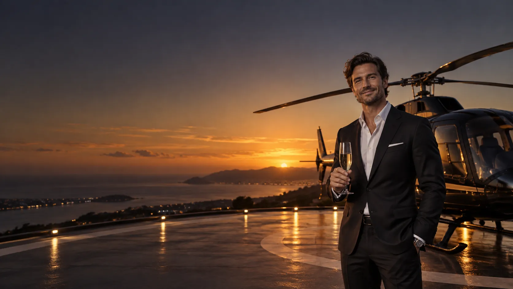 Stylish man with a champagne glass on a helipad at dusk beside a private helicopter