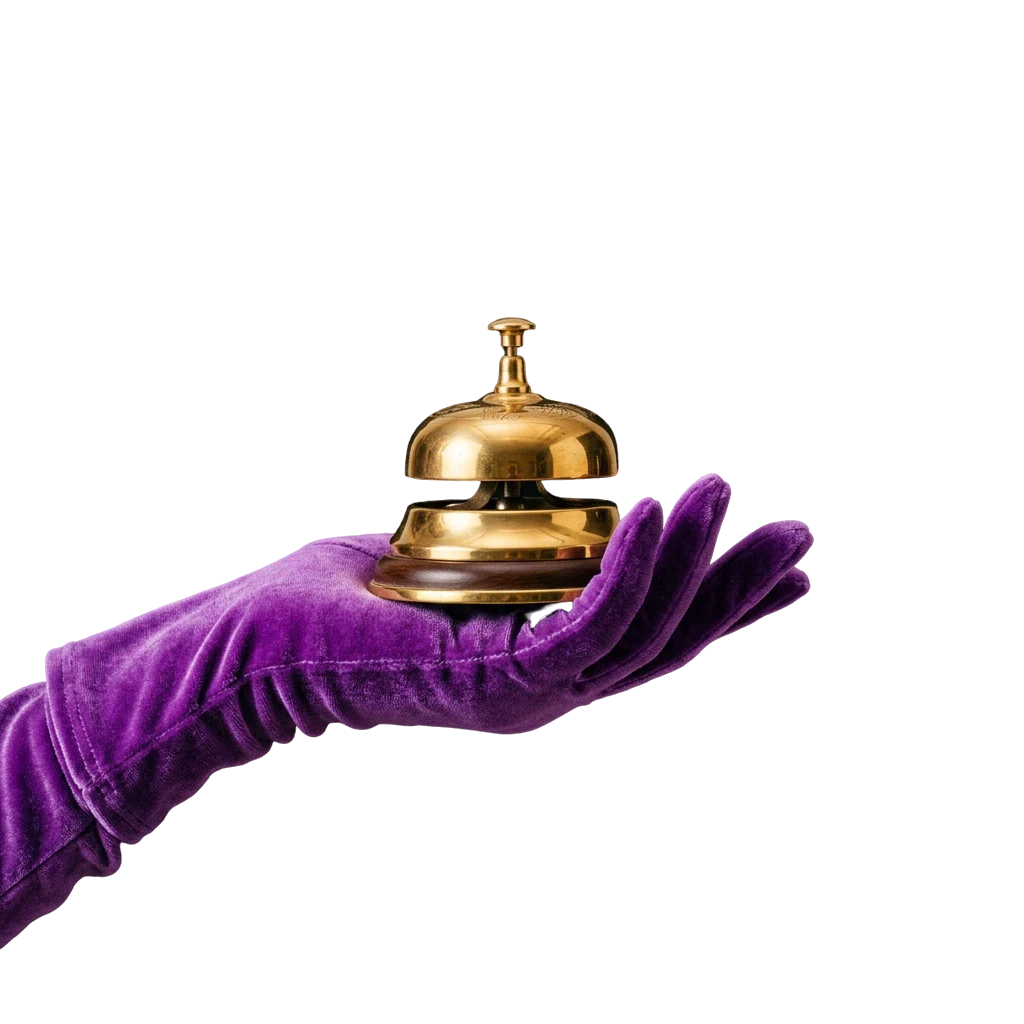 A gloved hand holding a gold service bell, standing in for calling Here2Win Casino support