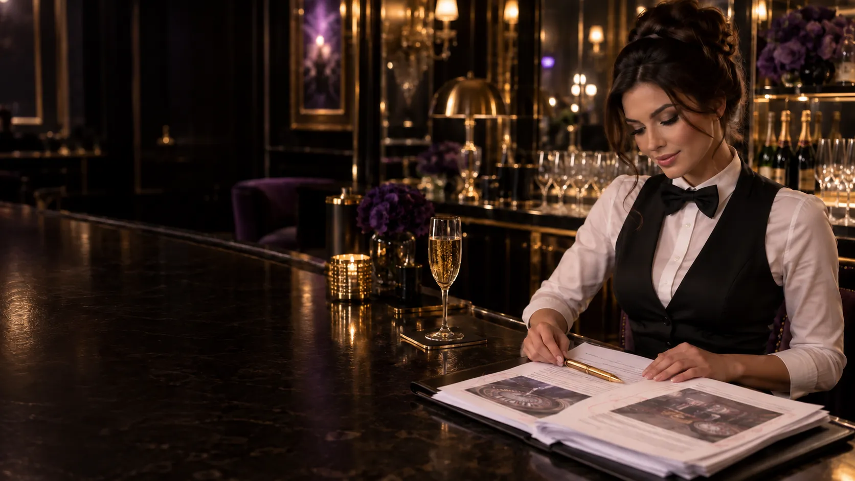 Croupier reviewing printed pages with a gold fountain pen at a mirrored champagne bar