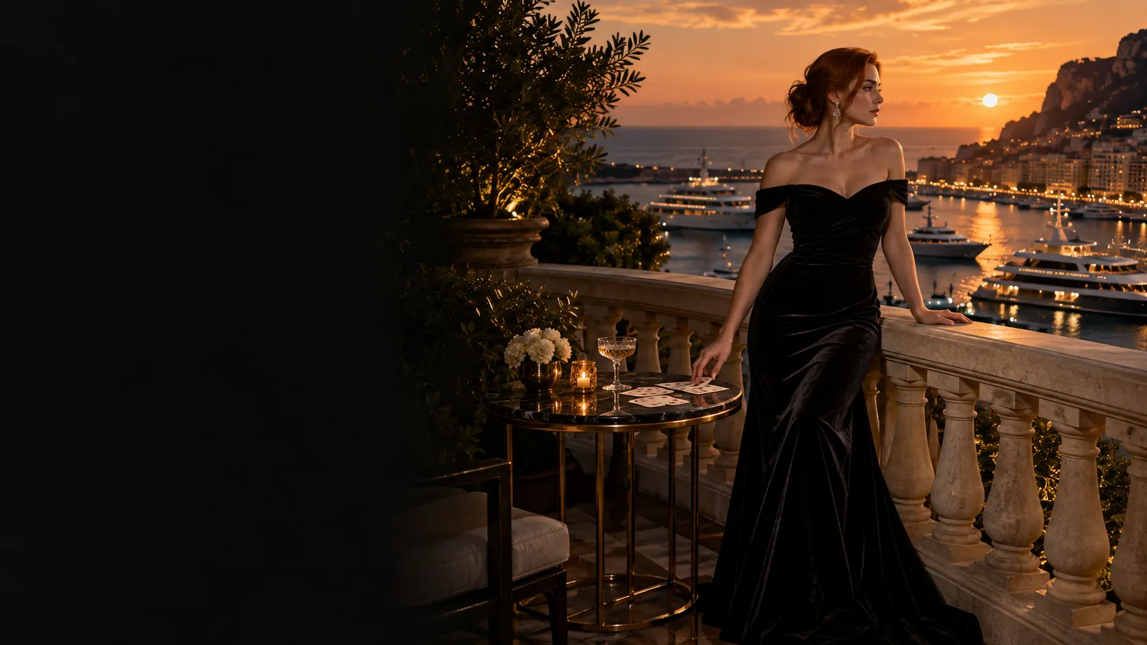 Woman in a velvet gown beside a scatter of playing cards on a riviera terrace above a yacht harbour