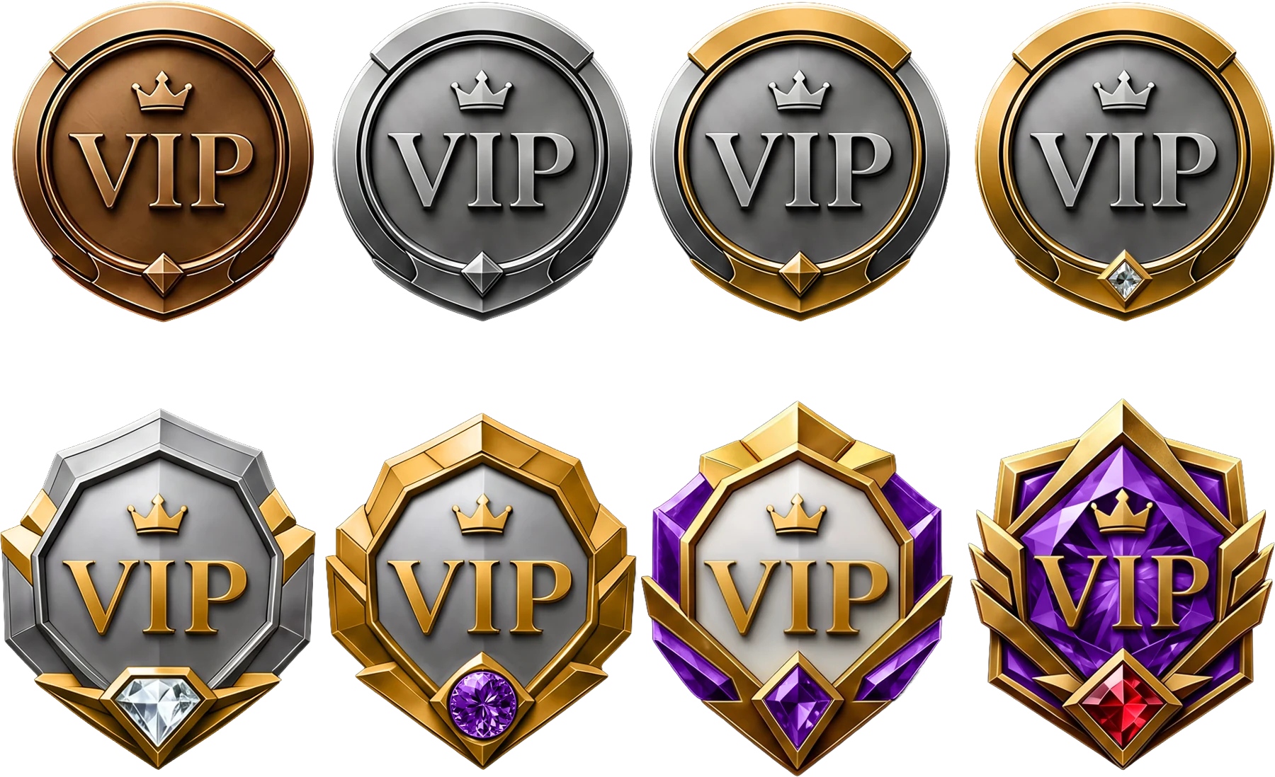 Set of round and shield-shaped reward badges in bronze, silver and gold tones