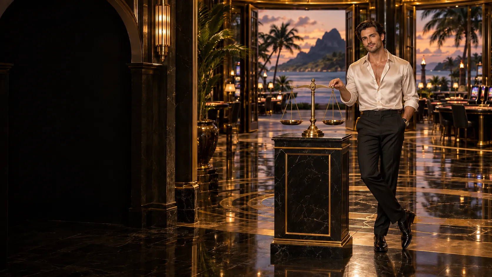Man balancing a set of brass scales beside a pedestal in a tropical resort casino