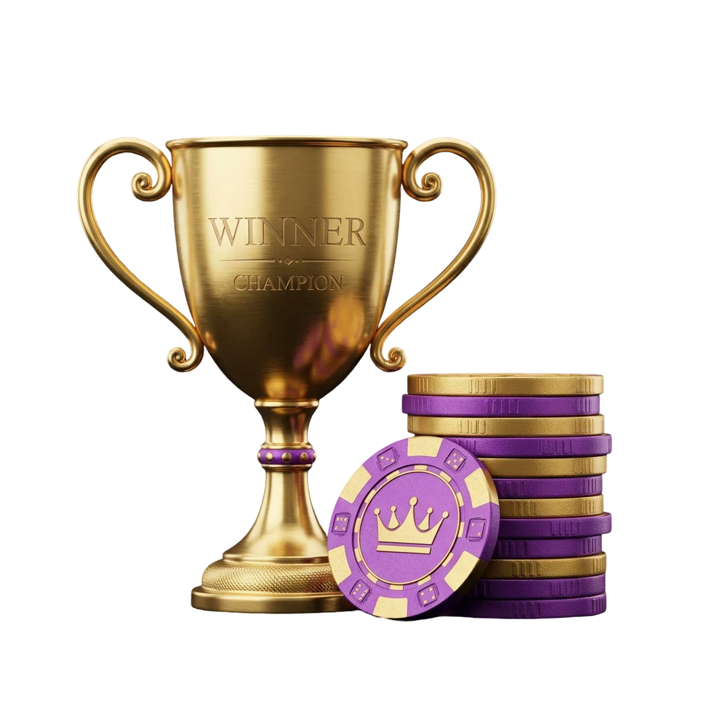 Gold winner's trophy engraved WINNER CHAMPION standing beside a stack of casino chips